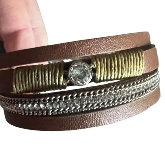 Brown Leather Wrap Bracelet with Crystal Accent - Picture 2 of 6